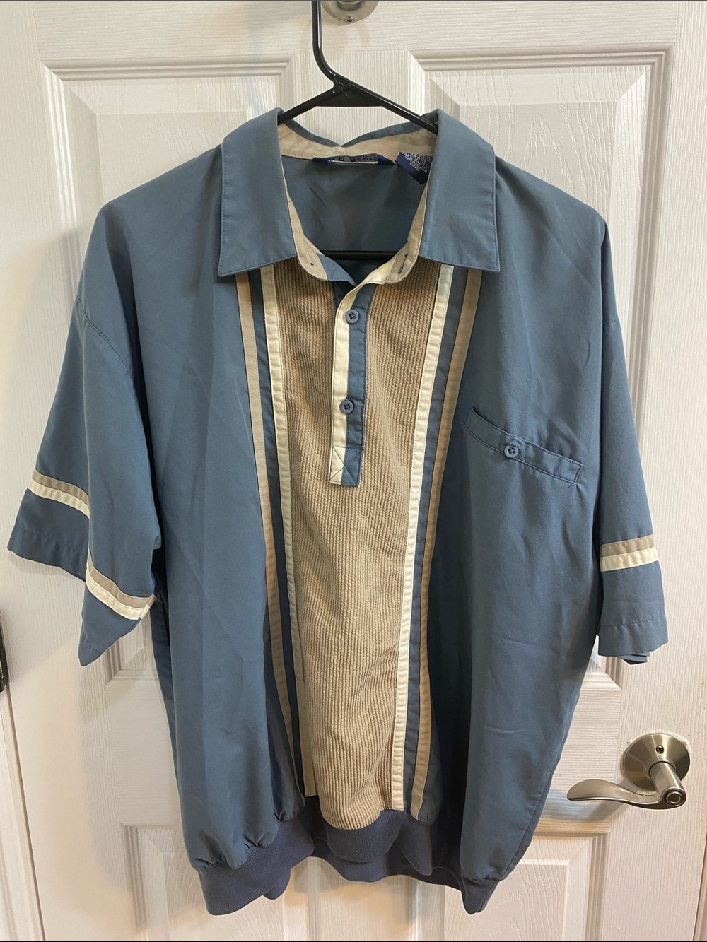 Vintage LD Sport Bowling Shirt Men’s Size XL Blue Tan Short Sleeve Retro 70s 80s
